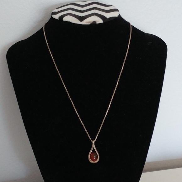 Vintage Jewelry - Amber Sterling Silver Teardrop Pendant Necklace